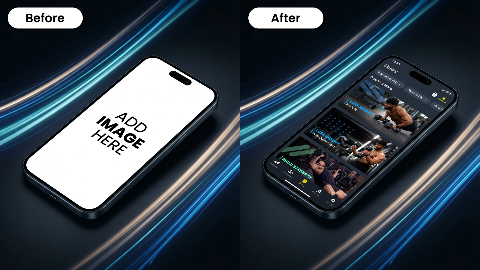 Before and after iPhone mockup template on a neon light background with a fitness app interface